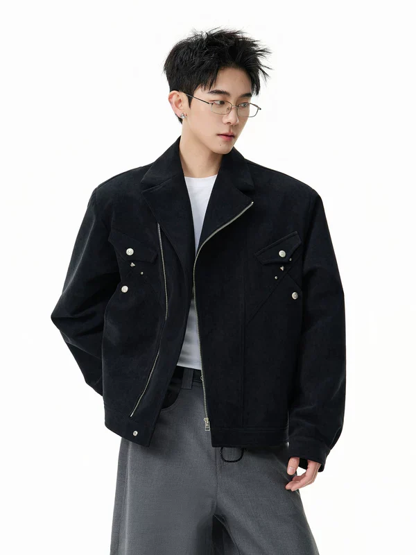 Retro Studded Zip Front Suede Jacket - Image 2