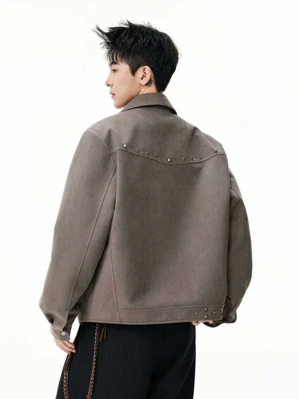 Retro Studded Zip Front Suede Jacket - Image 3