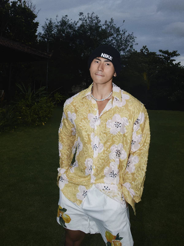 Retro Textured Floral Long-Sleeve Shirt