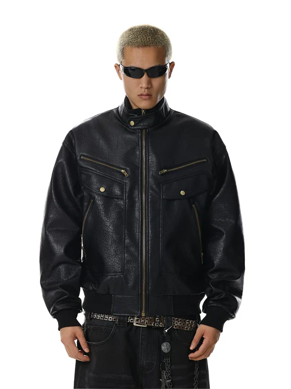 Textured Leather Multi-Pocket Jacket - Image 3