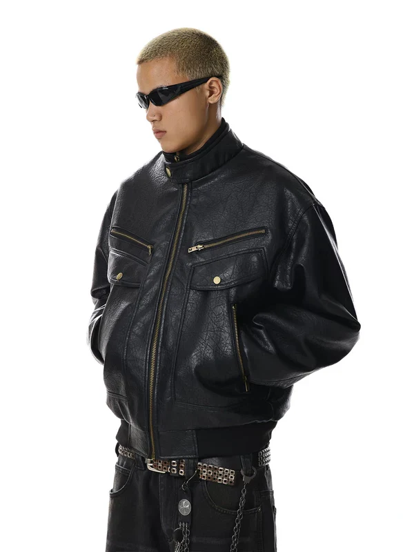 Textured Leather Multi-Pocket Jacket - Image 4