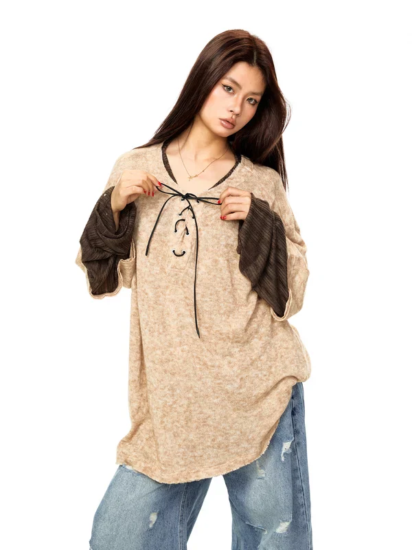 Retro Tie-Neck Faux Layered Sweatshirt - Image 2
