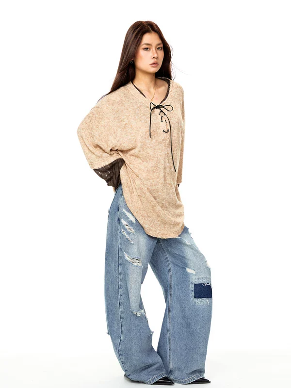 Retro Tie-Neck Faux Layered Sweatshirt - Image 8