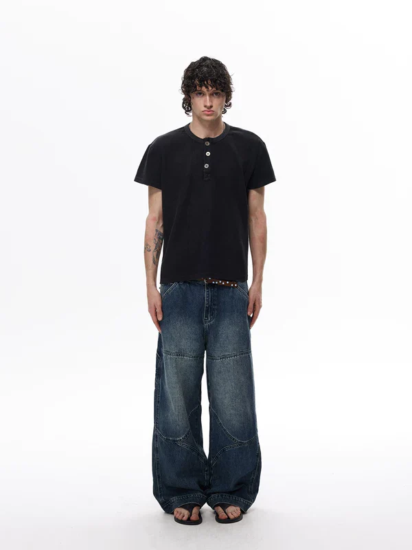 Retro Waffle Knit Henley T-Shirt - Image 6