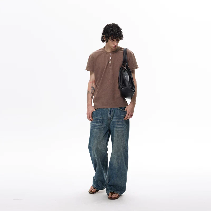 Retro Waffle Knit Henley T-Shirt - Image 7