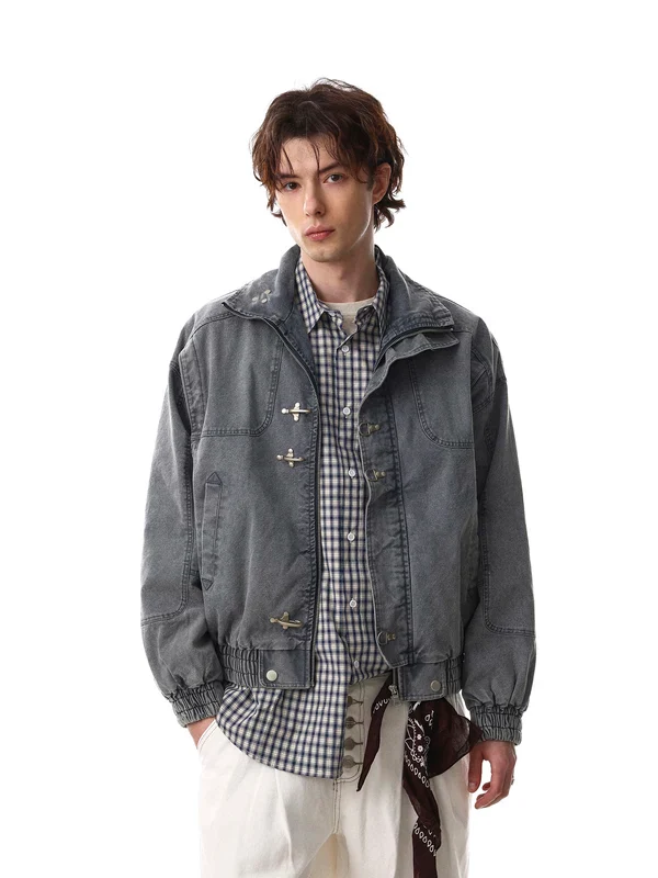 Washed Stand Collar Denim Jacket