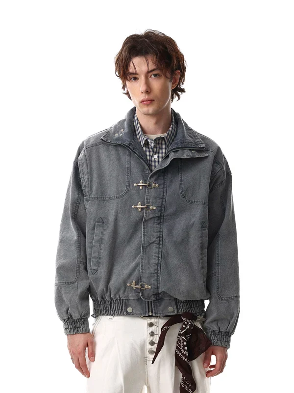 Washed Stand Collar Denim Jacket - Image 2