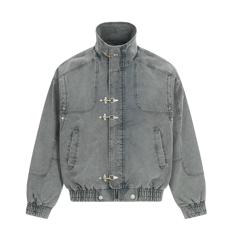 Washed Stand Collar Denim Jacket - Image 8