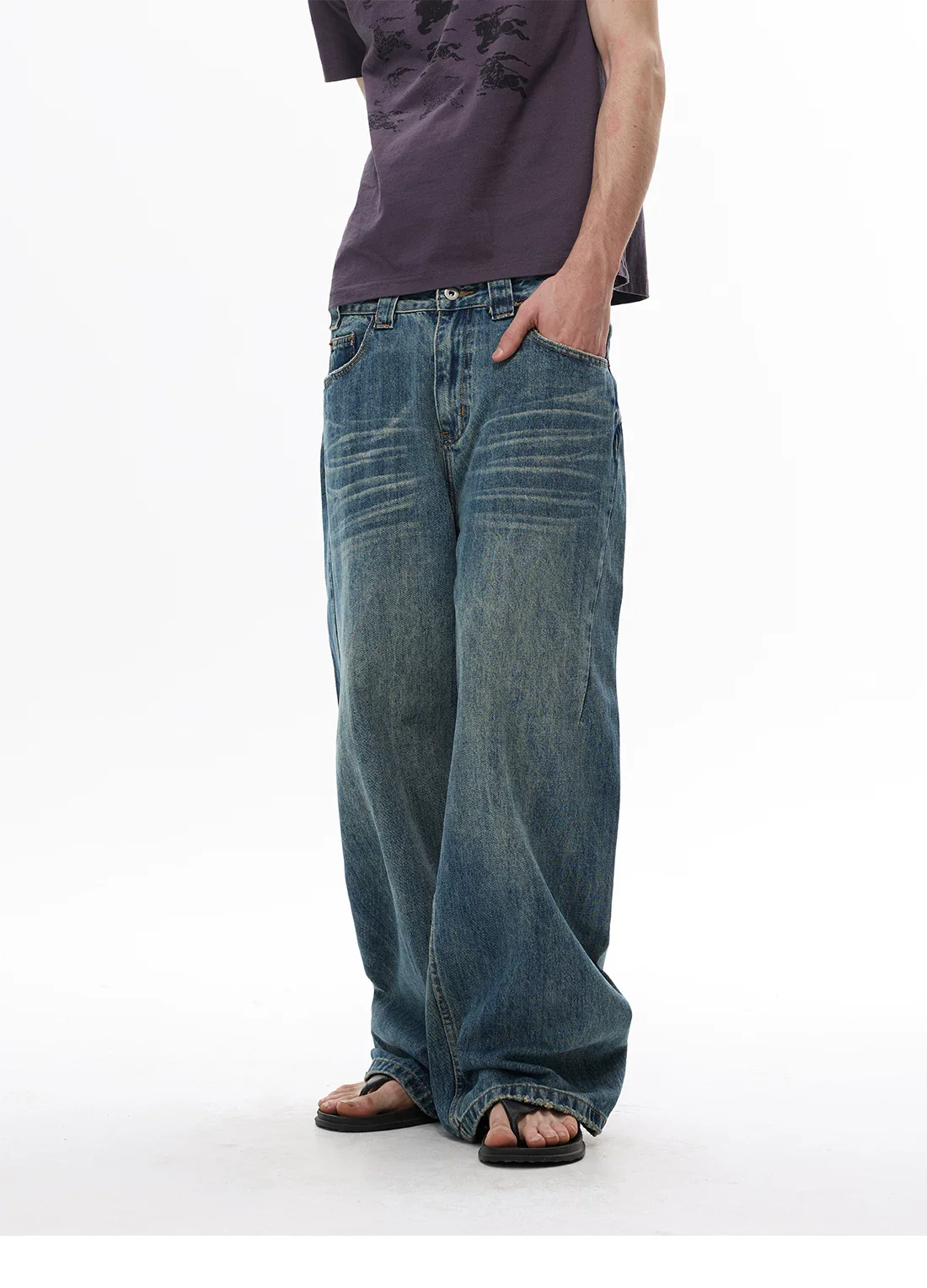 Retro Wide-Leg Washed Denim Pants - Image 2