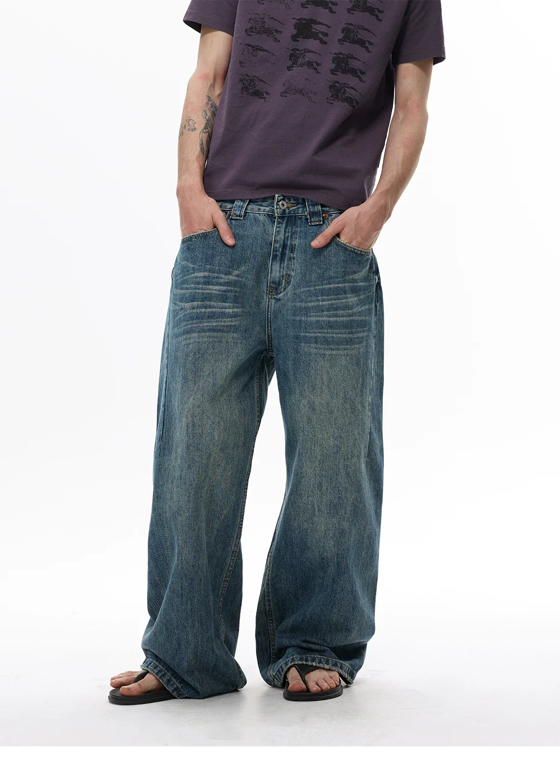 Retro Wide-Leg Washed Denim Pants - Image 3