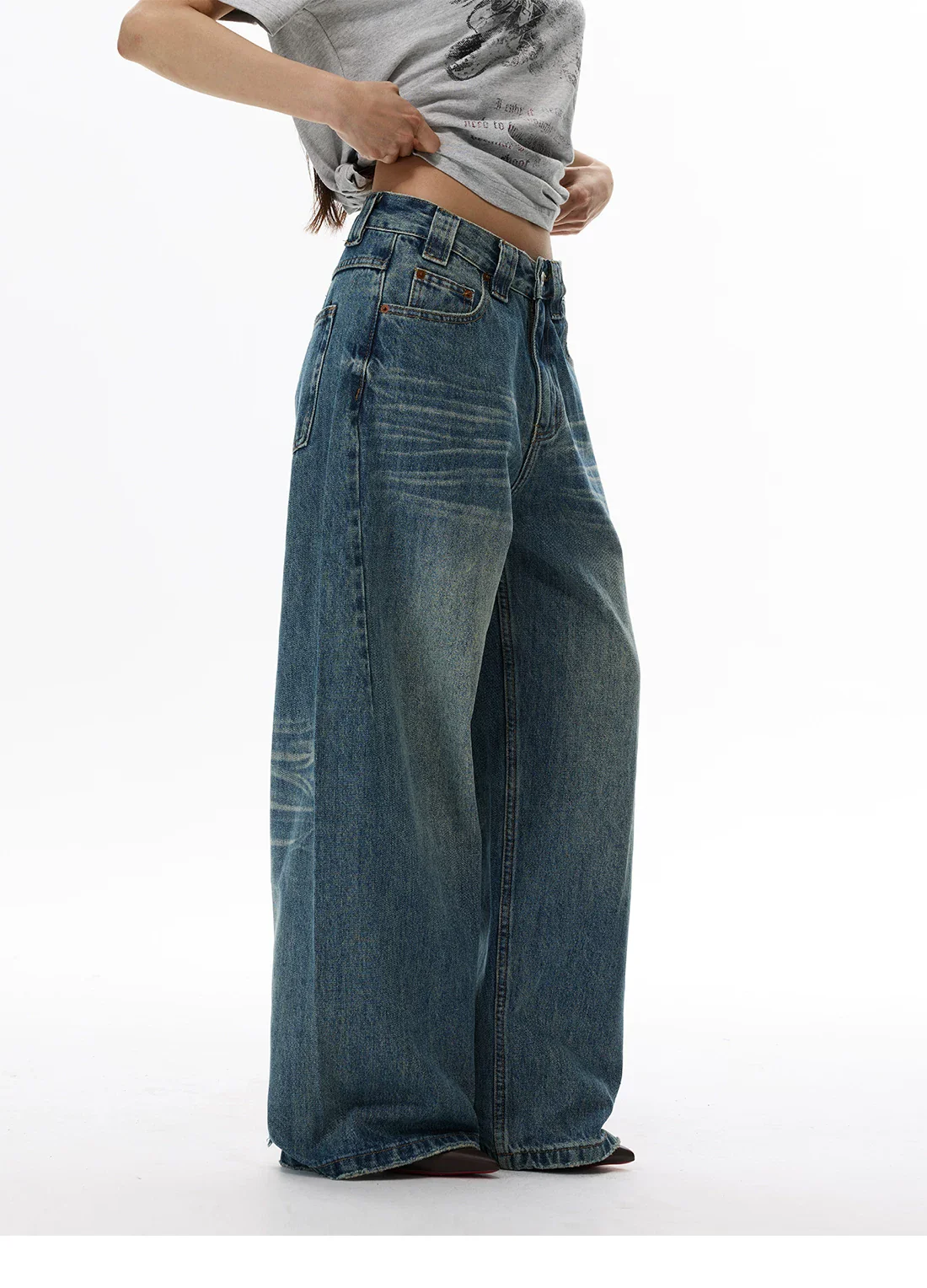 Retro Wide-Leg Washed Denim Pants - Image 6