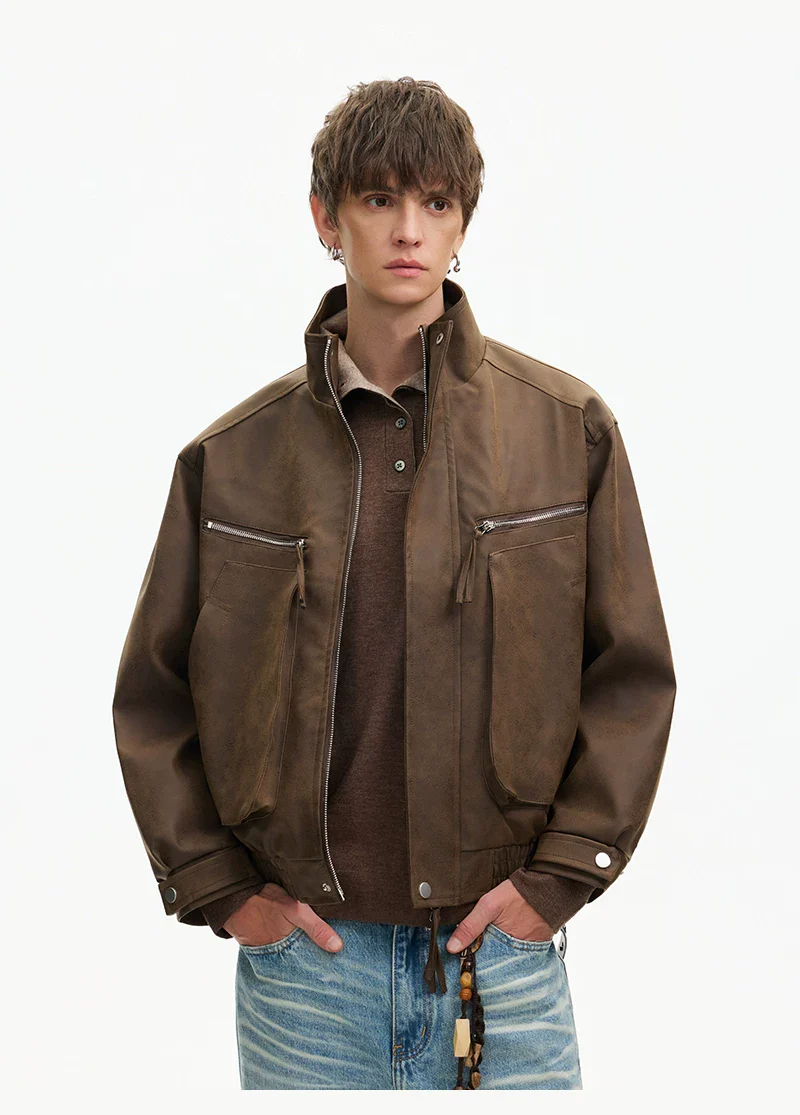 Zipper Pocket Bomber Leather Jacket