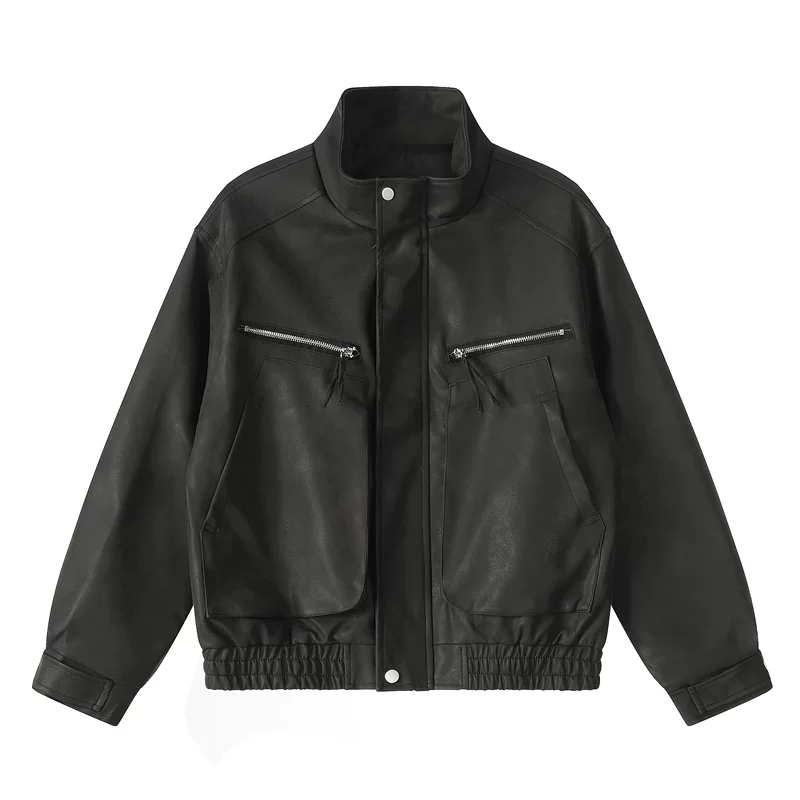 Zipper Pocket Bomber Leather Jacket - Image 10