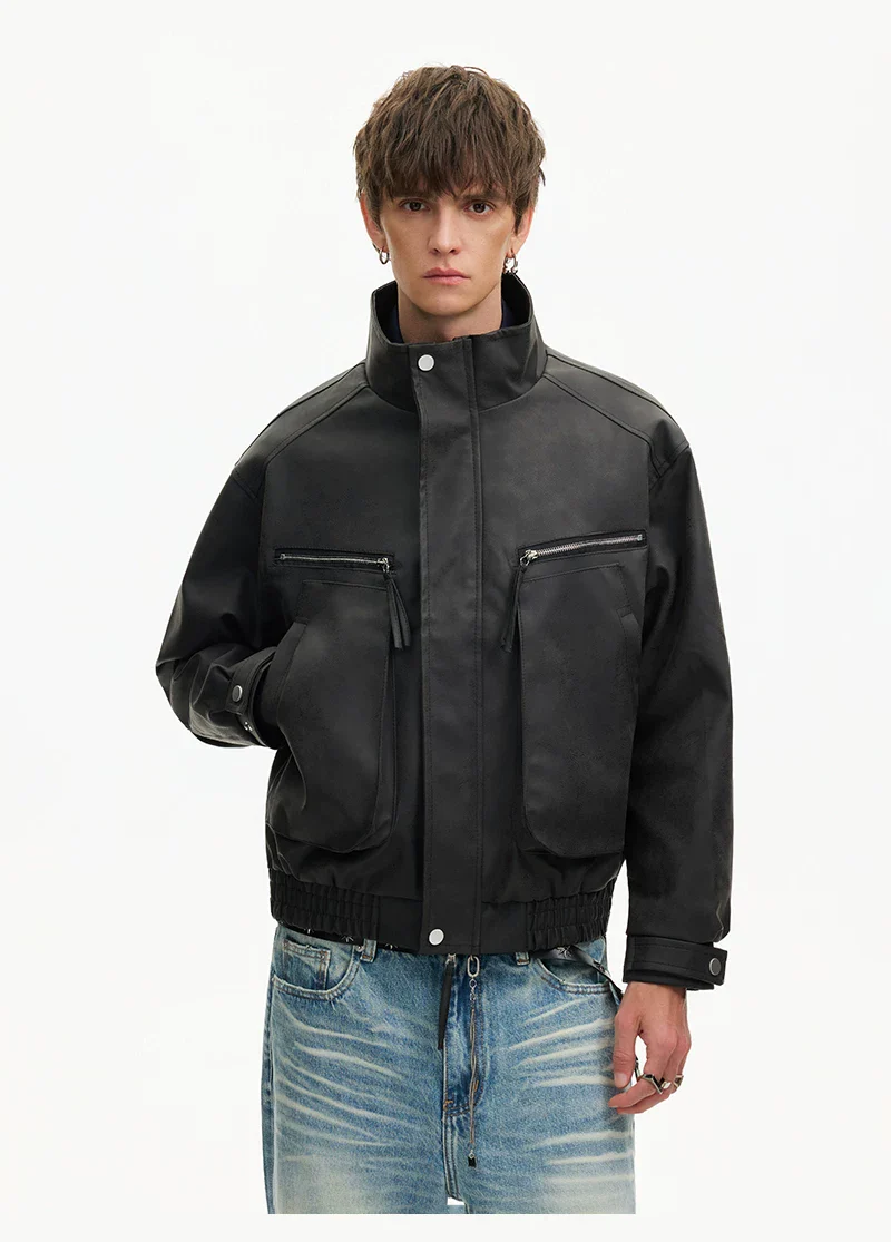 Zipper Pocket Bomber Leather Jacket - Image 6