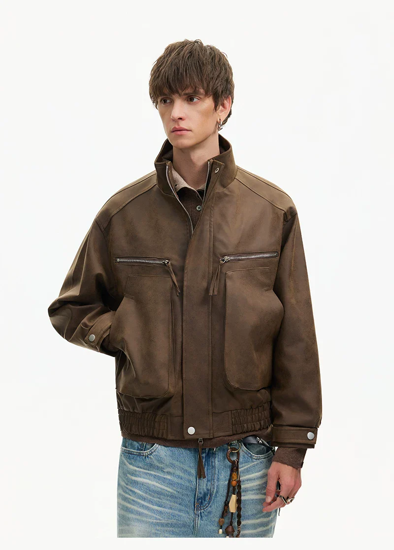 Zipper Pocket Bomber Leather Jacket - Image 7