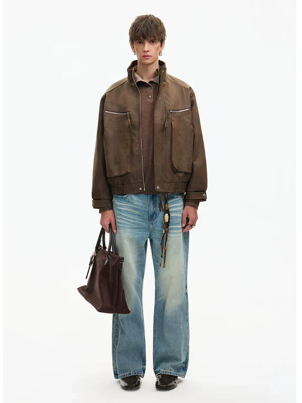 Zipper Pocket Bomber Leather Jacket - Image 8