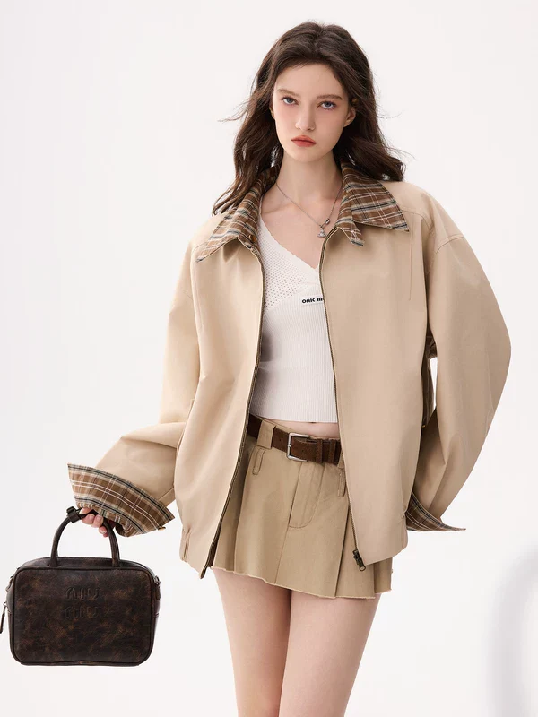Reversible Plaid Collar Zip Front Coat - Image 3