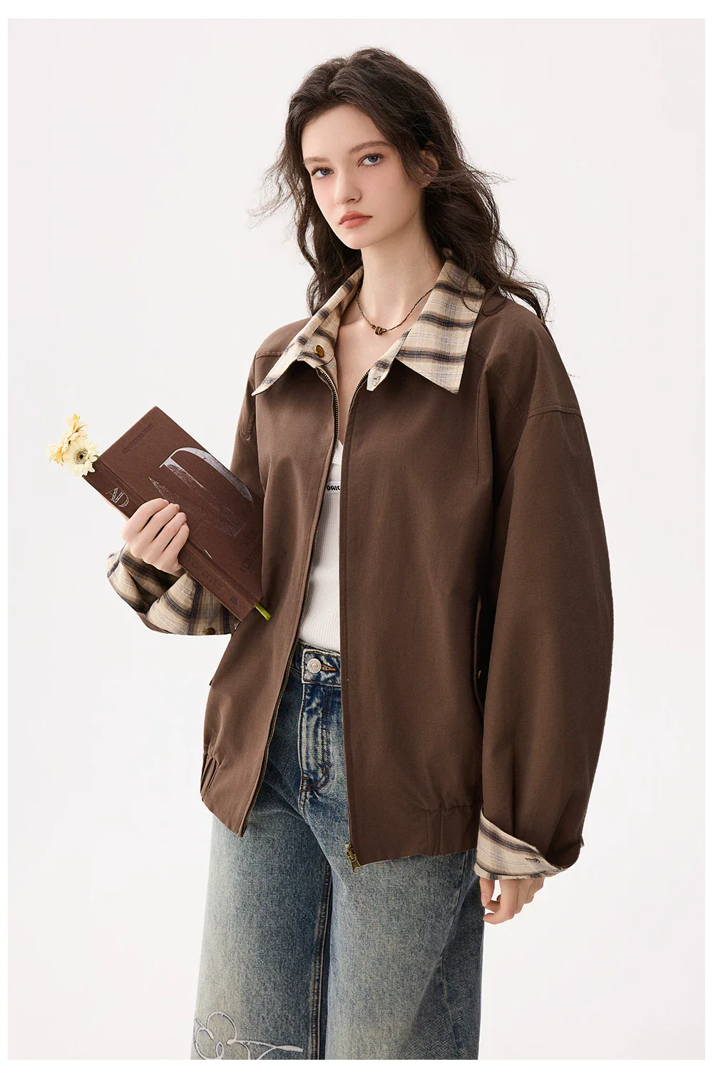 Reversible Plaid Collar Zip Front Coat - Image 4