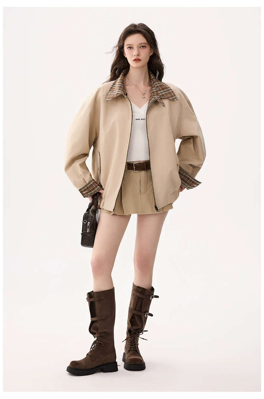 Reversible Plaid Collar Zip Front Coat - Image 5