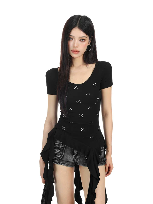 Rhinestone Asymmetrical Hem Short Sleeve Top - Image 4