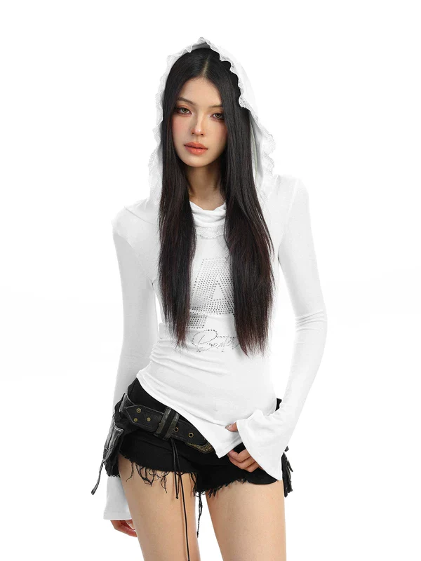 Rhinestone Hooded Long Sleeve Crop Top
