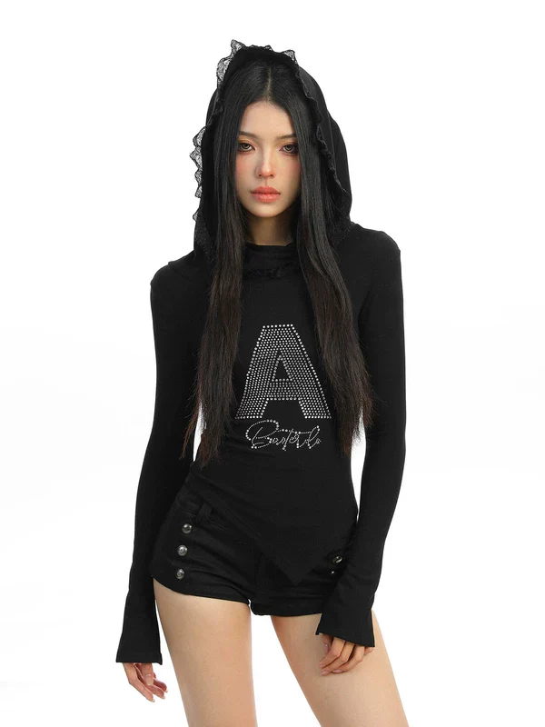 Rhinestone Hooded Long Sleeve Crop Top - Image 6