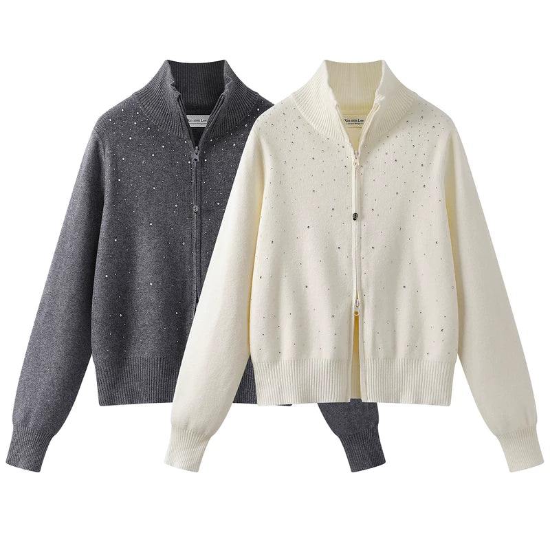 Rhinestone Knit Stand Collar Sweater
