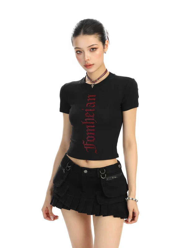 Rhinestone Letter Graphic Cropped T-Shirt - Image 2