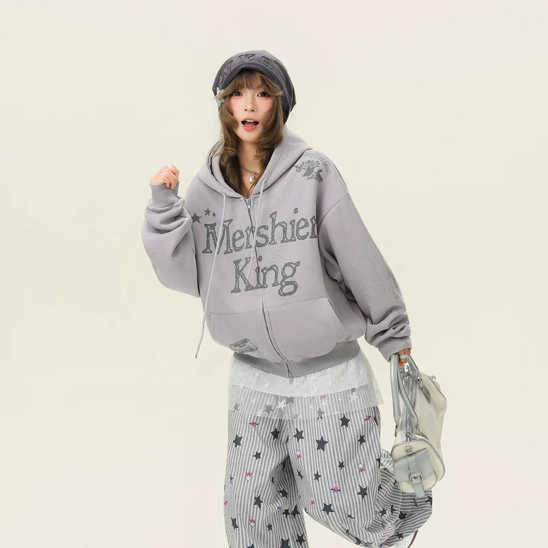 Rhinestone Letter Print Hooded Sweatshirt - Image 3