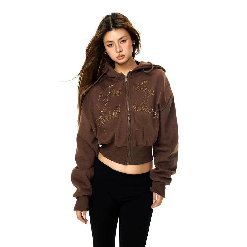 Rhinestone Letter Zip Up Hooded Sweatshirt