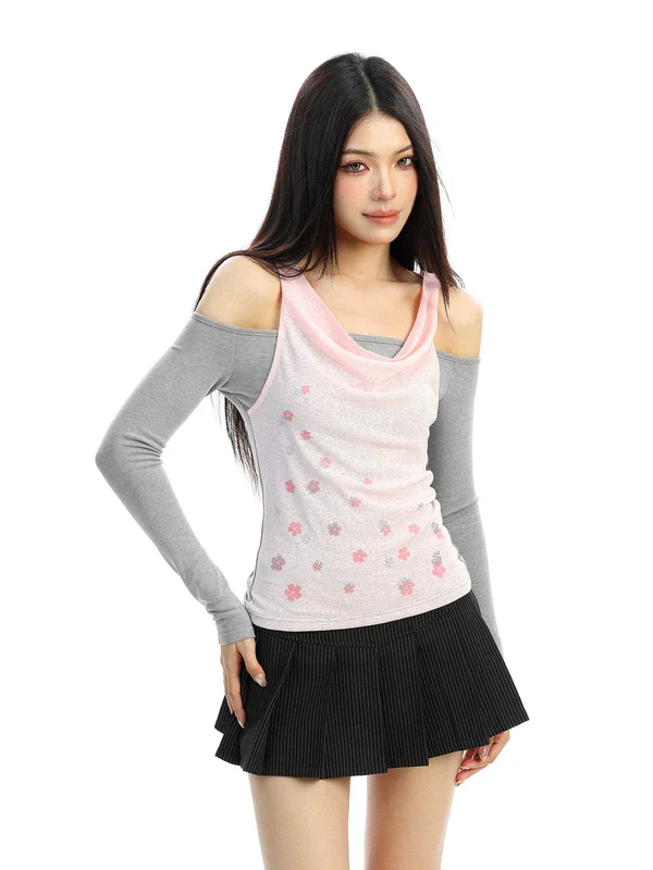 Rhinestone Off-Shoulder Hooded Layered Top - Image 2