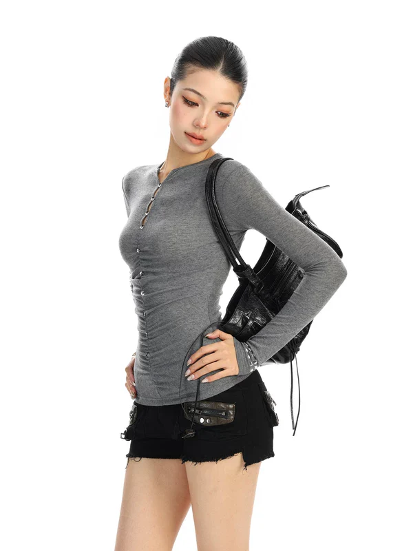Rhinestone Ruched Long Sleeve Slim T-Shirt - Image 2