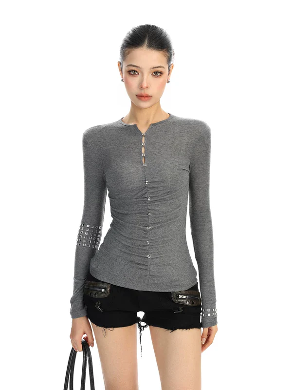 Rhinestone Ruched Long Sleeve Slim T-Shirt - Image 4