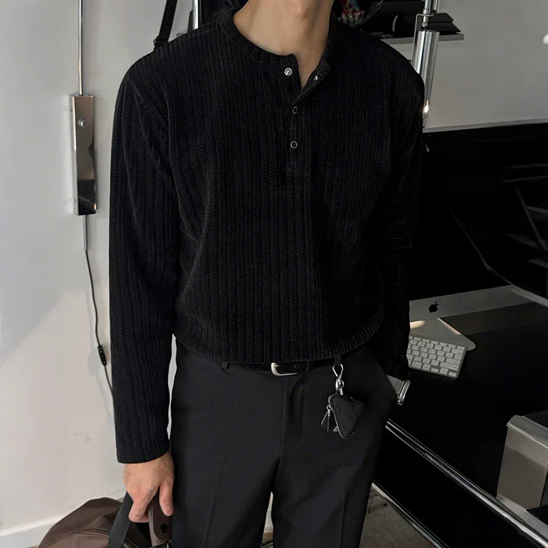 Ribbed Henley Collar Long Sleeve Pullover - Image 3
