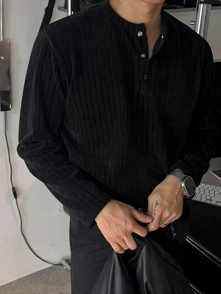 Ribbed Henley Collar Long Sleeve Pullover - Image 5