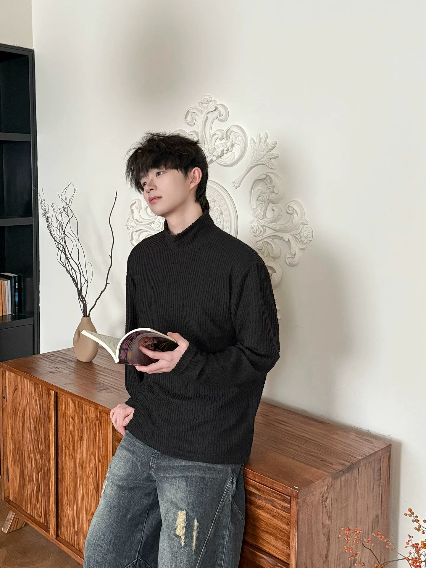 Ribbed Mock Neck Terry Pullover - Image 5