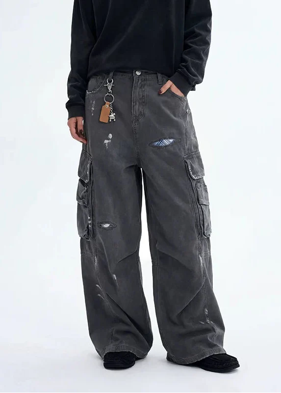 Ripped Patchwork Wide-Leg Cargo Pants