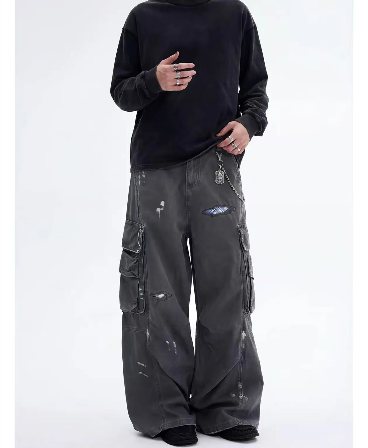 Ripped Patchwork Wide-Leg Cargo Pants - Image 2