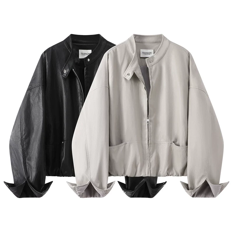 Round Neck Leather Motorcycle Jacket