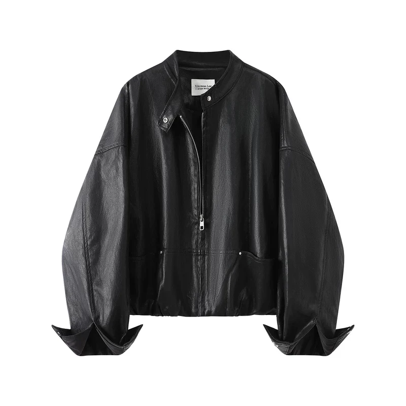 Round Neck Leather Motorcycle Jacket - Image 2