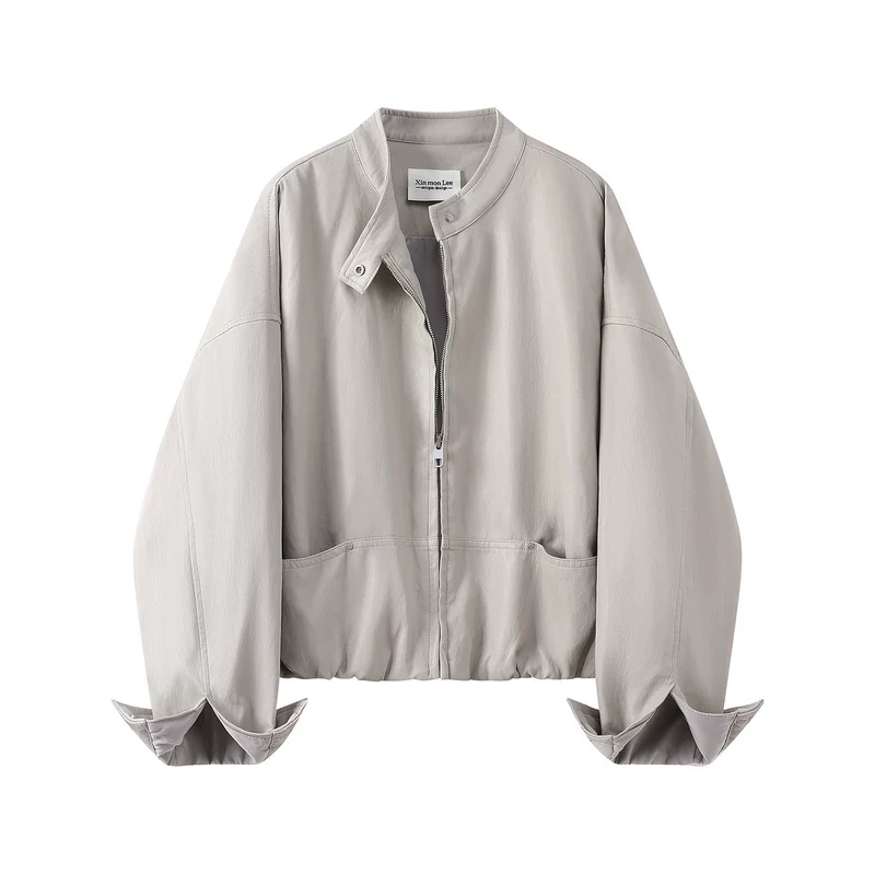 Round Neck Leather Motorcycle Jacket - Image 3