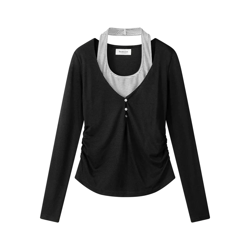 Striped Inset Ruched Long Sleeve Top - Image 2