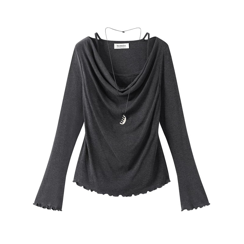 Ruffled Cowl Neck Long Sleeve Top - Image 3