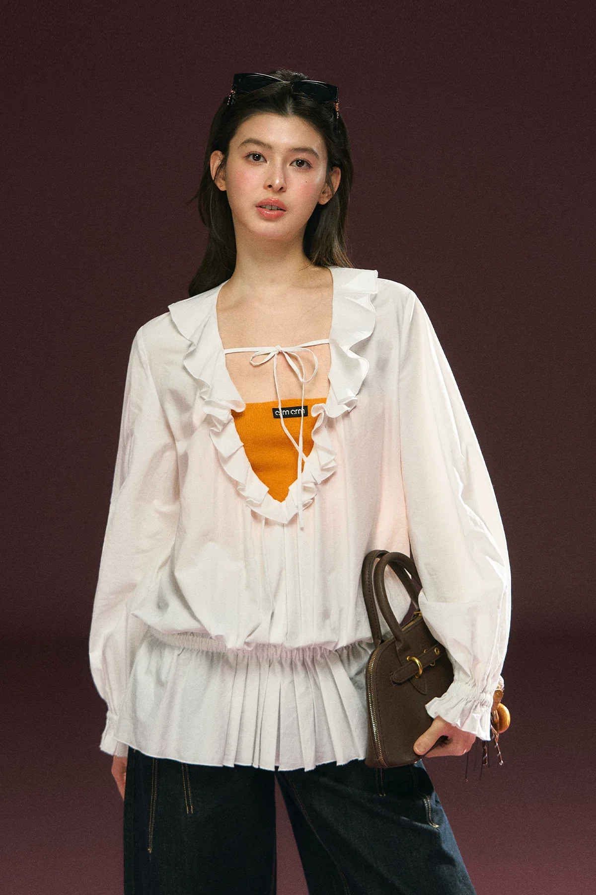 Ruffled Square Neck Long Sleeve Blouse