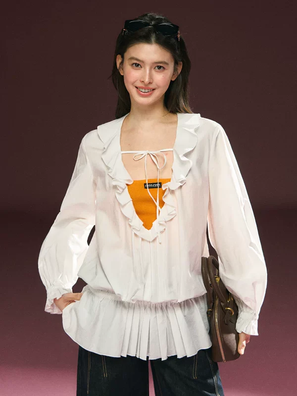 Ruffled Square Neck Long Sleeve Blouse - Image 3