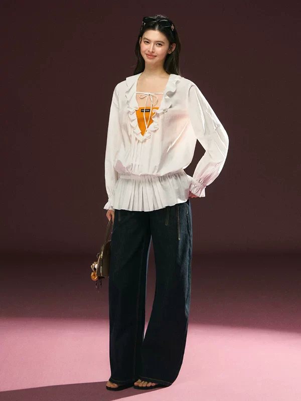 Ruffled Square Neck Long Sleeve Blouse - Image 4