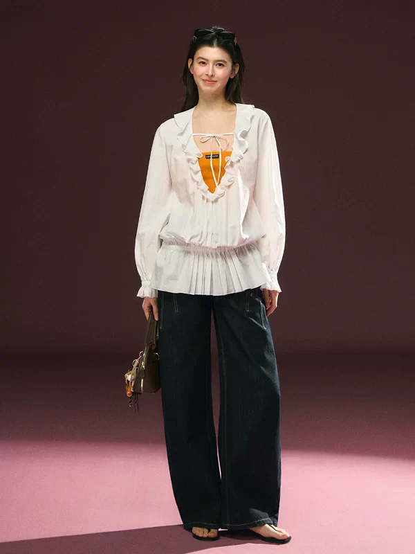 Ruffled Square Neck Long Sleeve Blouse - Image 5