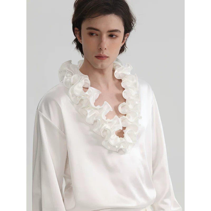 Ruffled V-Neck Satin Long Sleeve Shirt