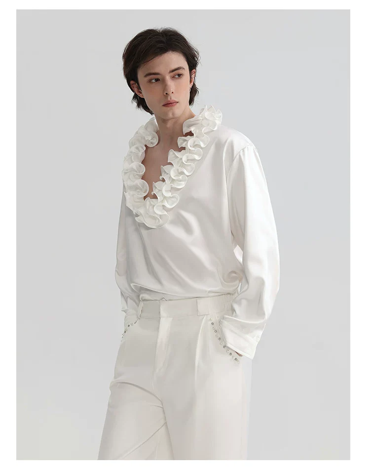 Ruffled V-Neck Satin Long Sleeve Shirt - Image 3
