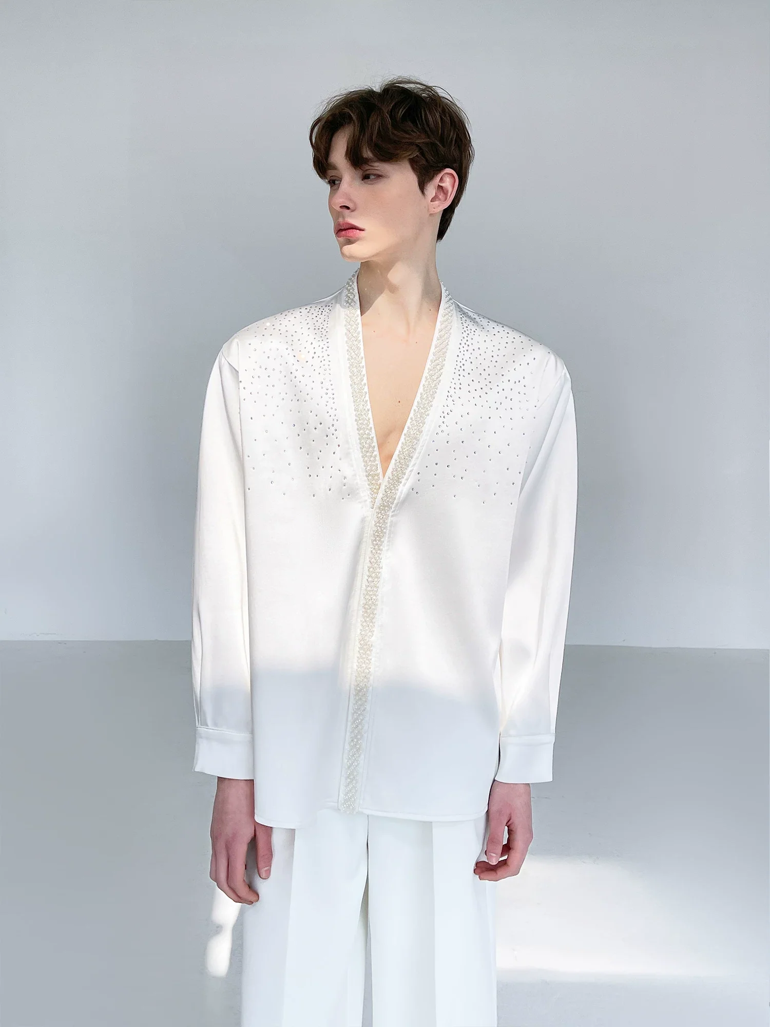 Rhinestone Embellishments Satin Shirt - Image 3